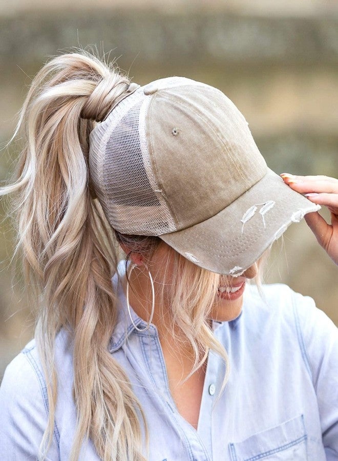 ProMindFun Womens Ponytail High Messy Bun Hats Distressed Baseball Caps Unconstructed Washed Dad Hat Girls Trucker Ponycaps (03-Light Khaki) - Image 3